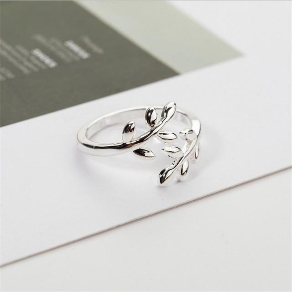 Silver Adjustable Olive Tree Branch Leaves Ring
